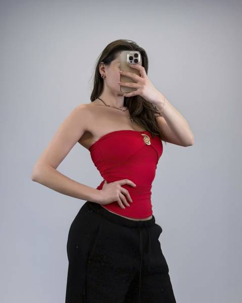 Strapless Ruched Top with Gold Spiral Accent - Red