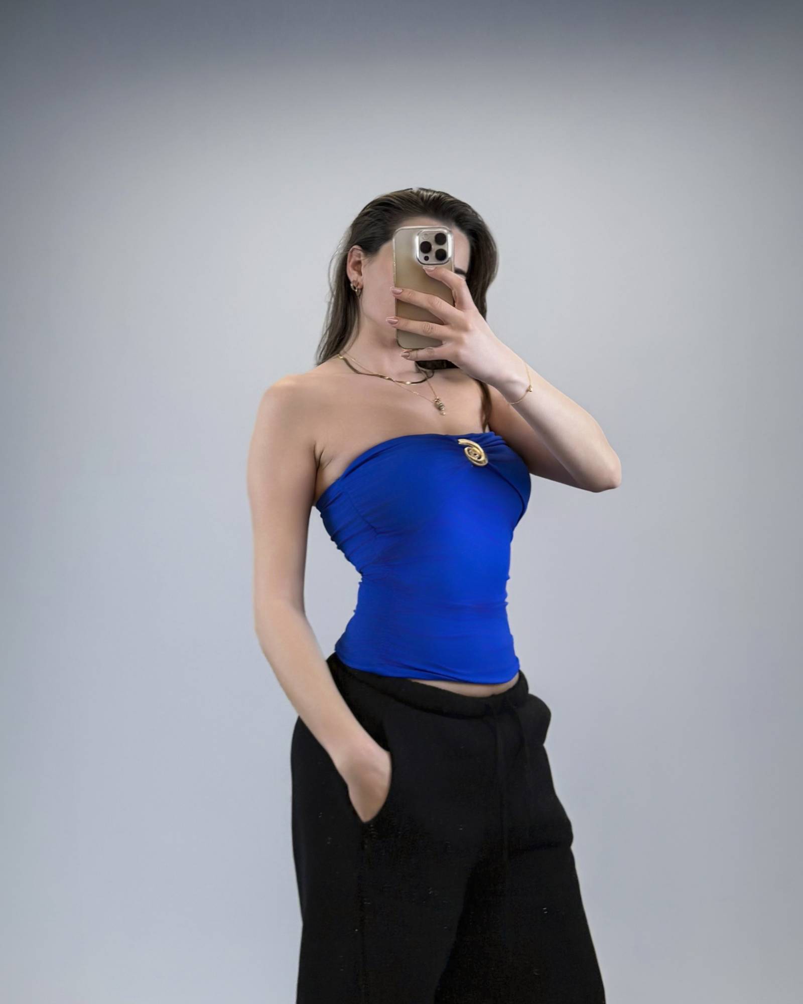 Strapless Ruched Top with Gold Spiral Accent - Royal Blue