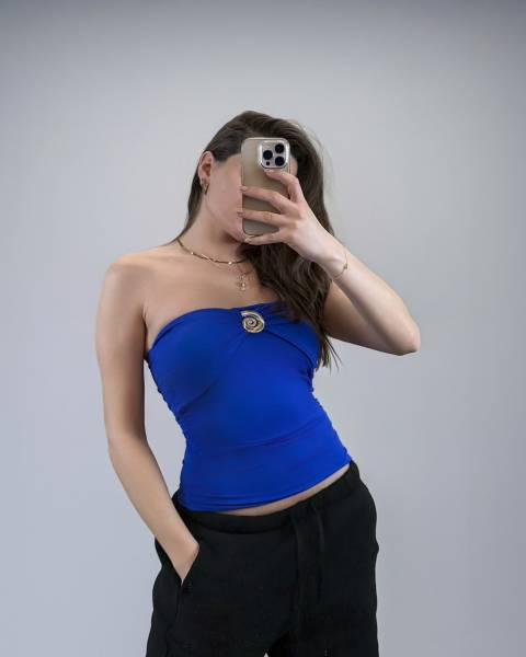 Strapless Ruched Top with Gold Spiral Accent - Royal Blue