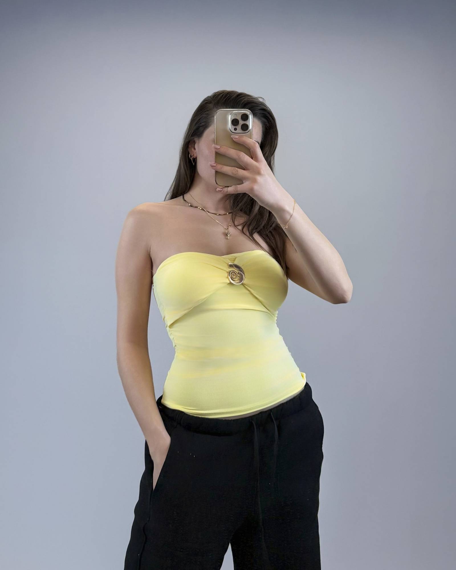 Strapless Ruched Top with Gold Spiral Accent - Yellow