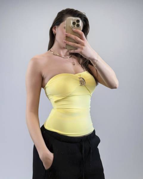 Strapless Ruched Top with Gold Spiral Accent - Yellow