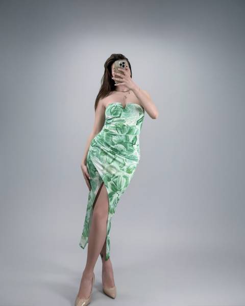 Printed Bodycon Off Shoulder Dress - Green