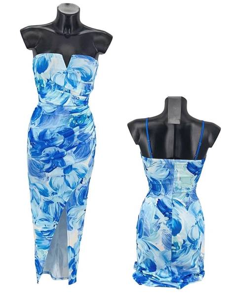Printed Bodycon Off Shoulder Dress - Sky Blue