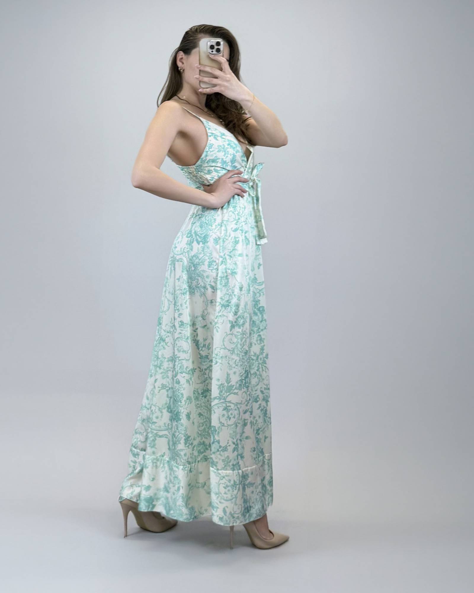 Printed Shirred Back Long Dress - Mint