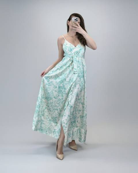 Printed Shirred Back Long Dress - Mint