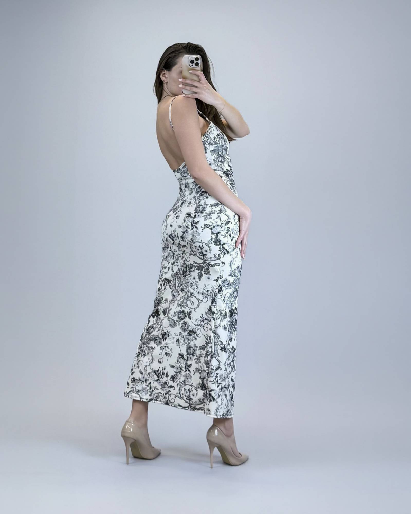 Spaghetti Strap Printed Midi Dress - Black