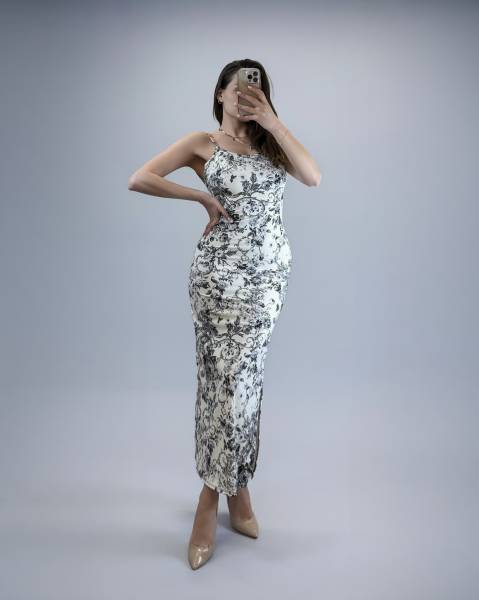 Spaghetti Strap Printed Midi Dress - Black