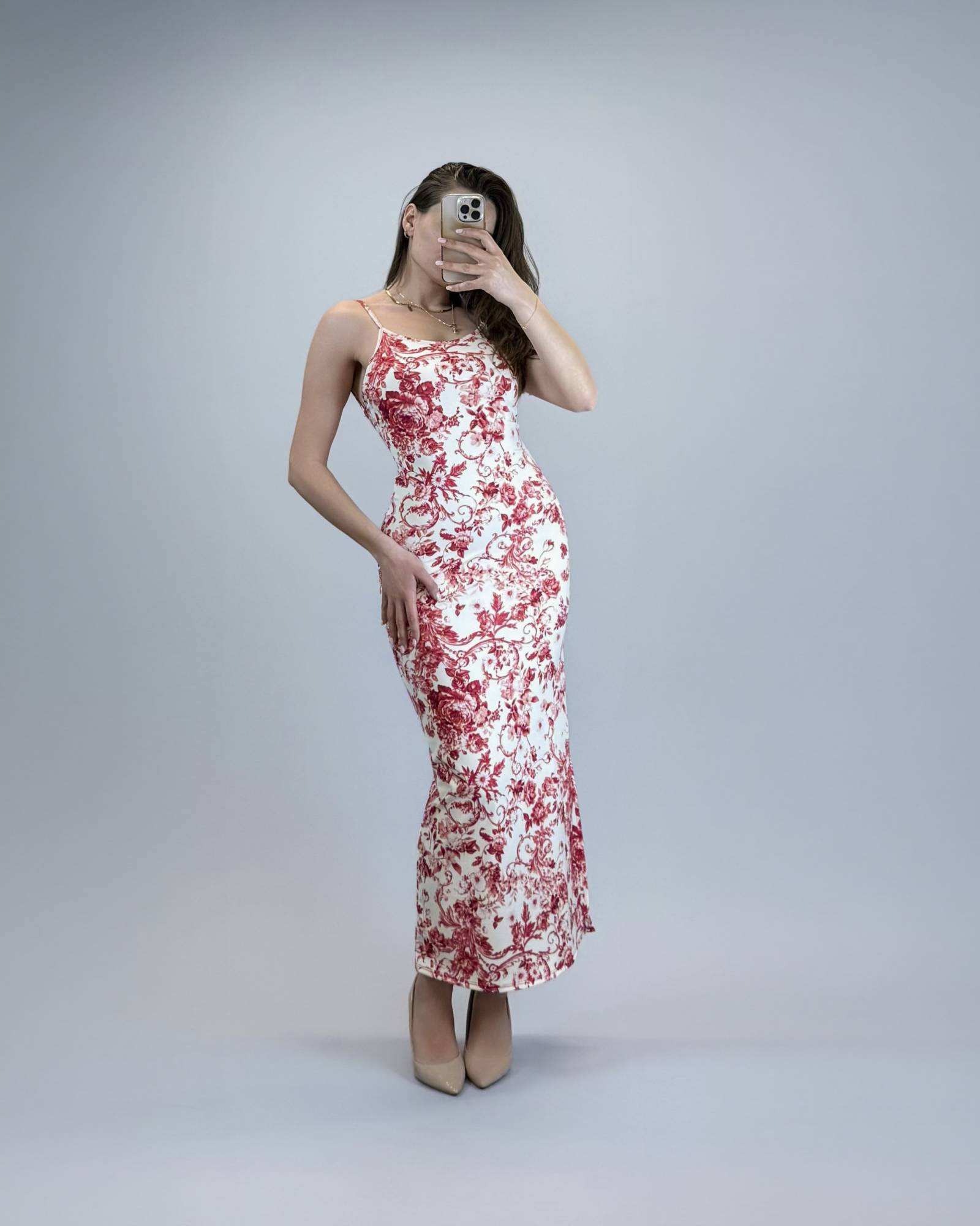 Spaghetti Strap Printed Midi Dress - Red