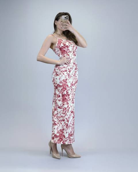 Spaghetti Strap Printed Midi Dress - Red