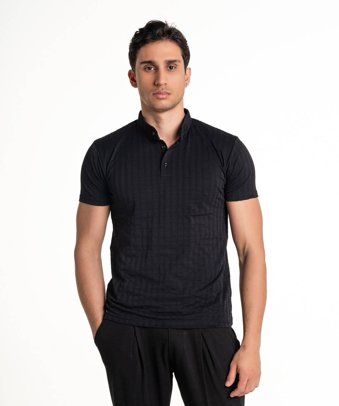 Martini Polo Mandarin Collar Braid T-shirt - Black