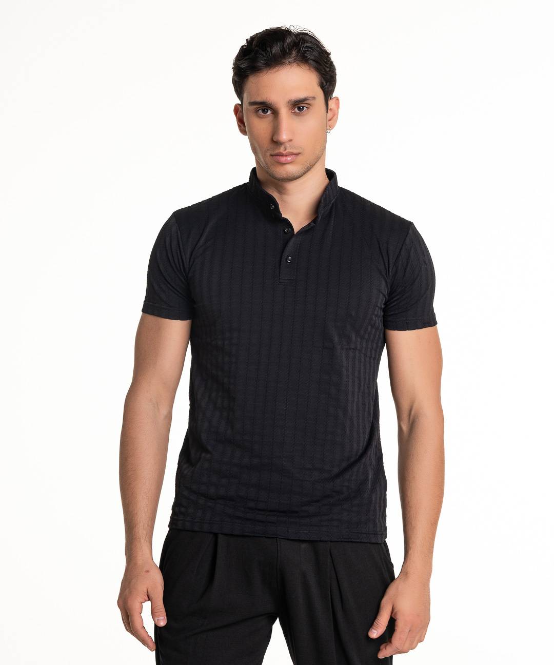 Martini Polo Mandarin Collar Braid T-shirt - Black