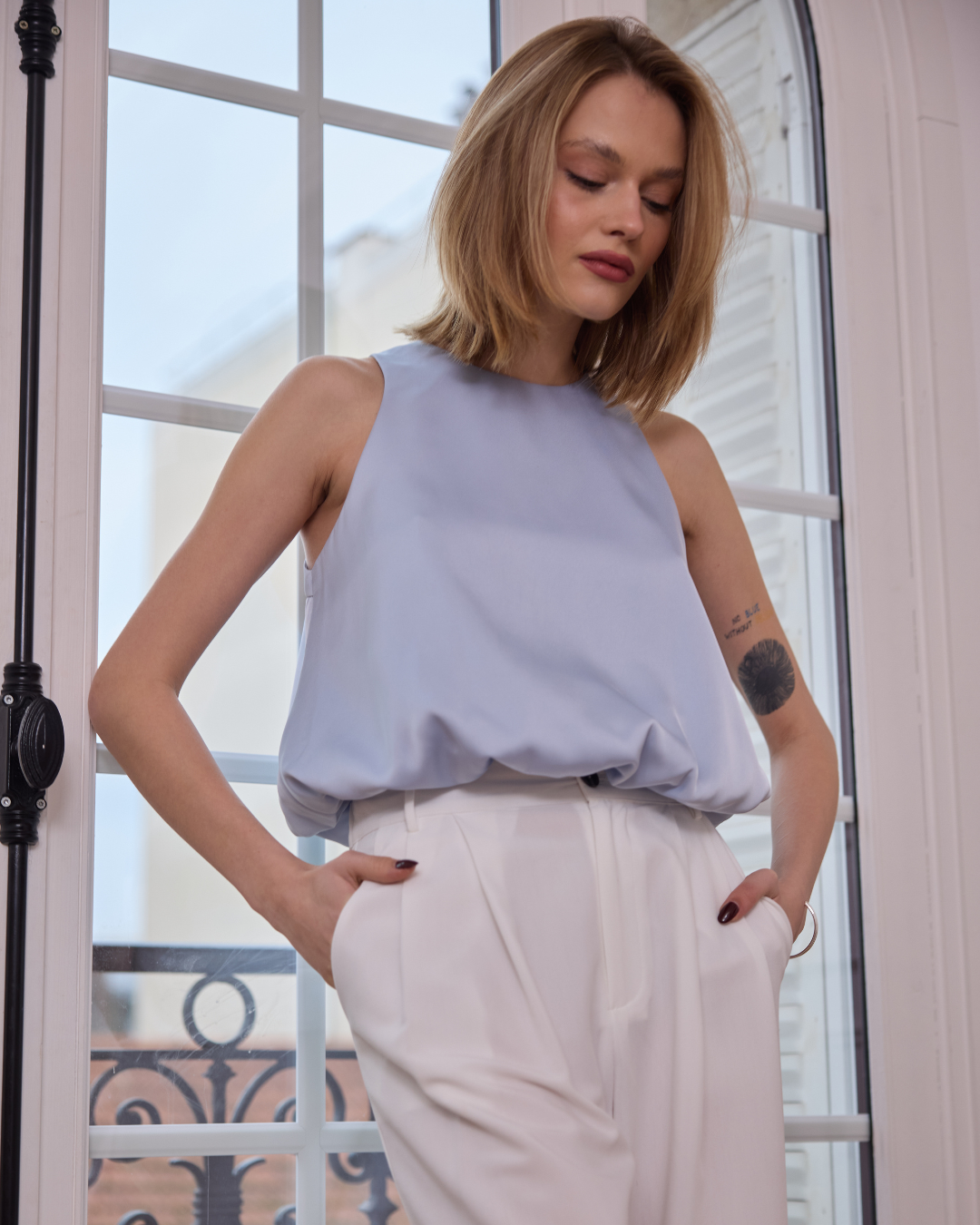 Balloon Satin Top - Sky Blue