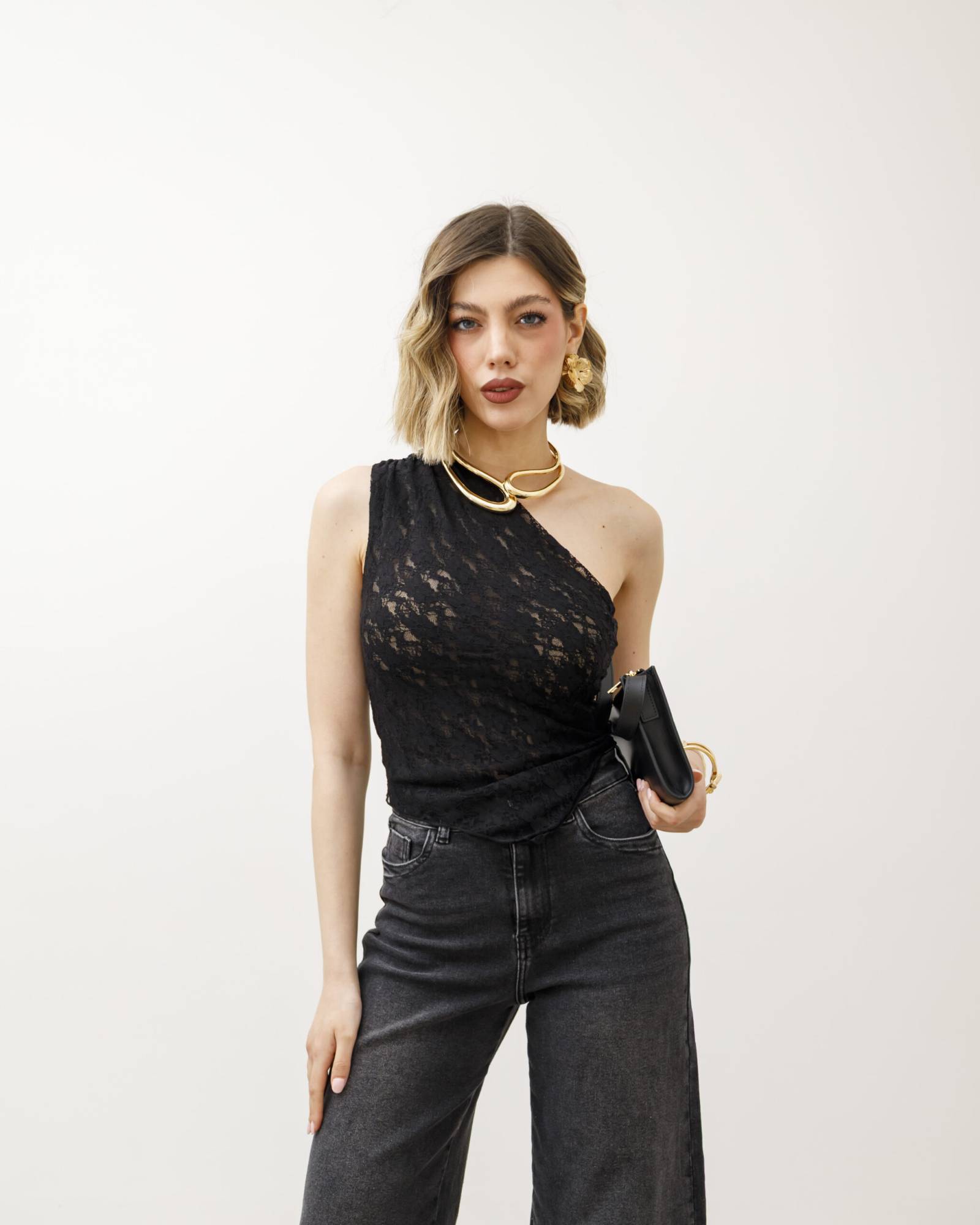 Asymmetric One Shoulder Lace Top - Black