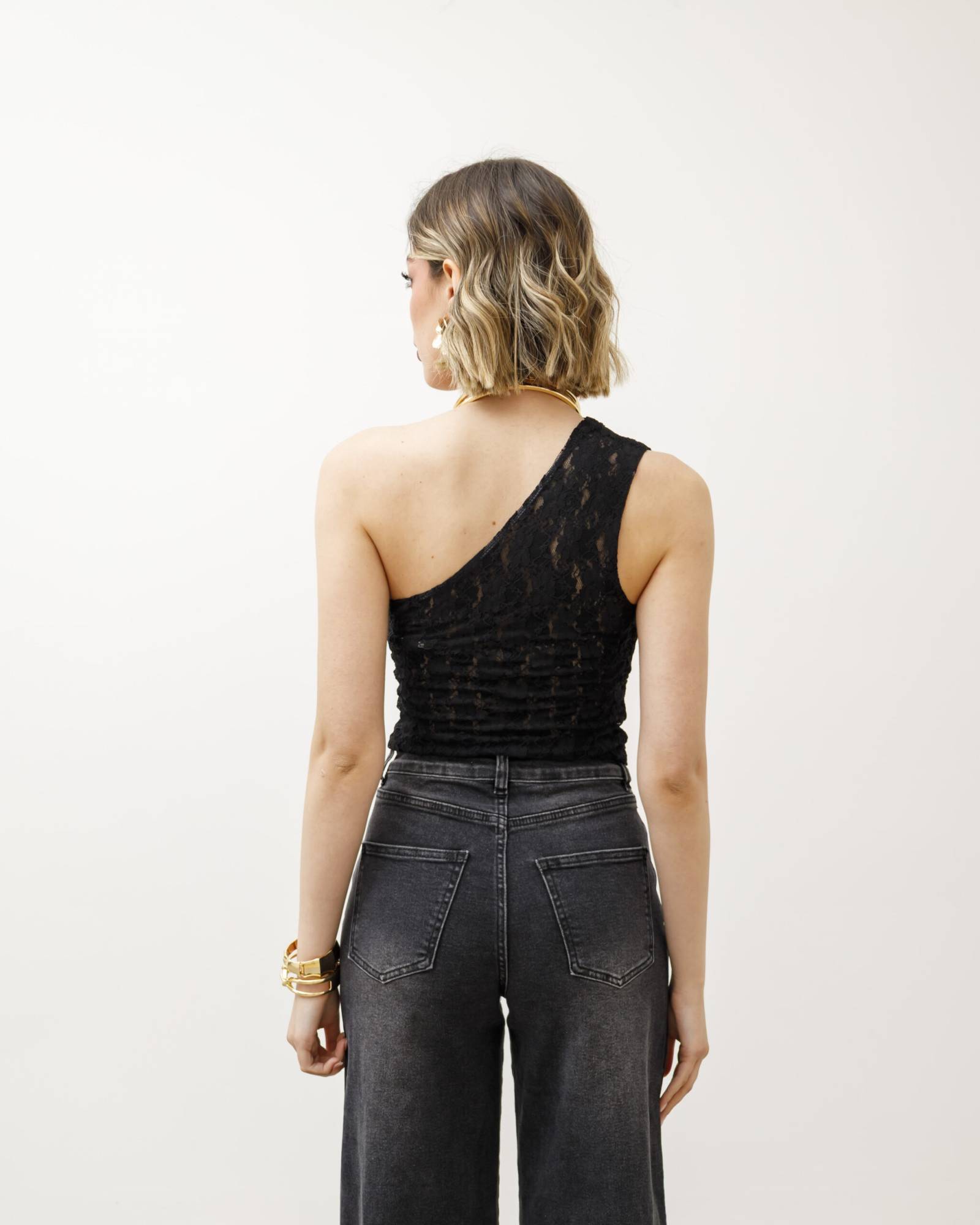 Asymmetric One Shoulder Lace Top - Black