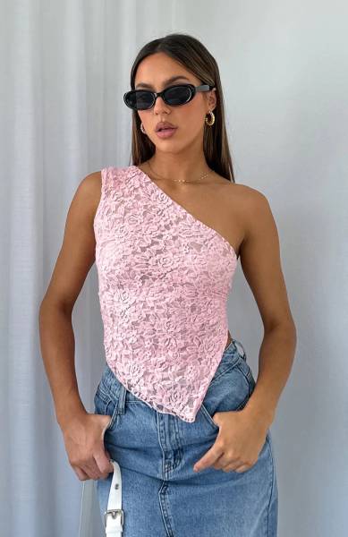 Asymmetric One Shoulder Lace Top - Pink