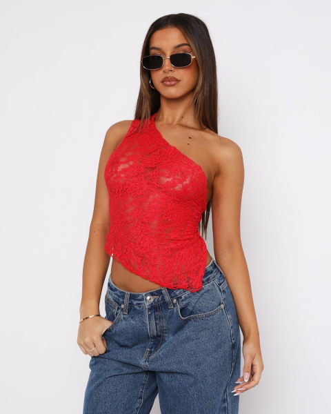 Asymmetric One Shoulder Lace Top - Red