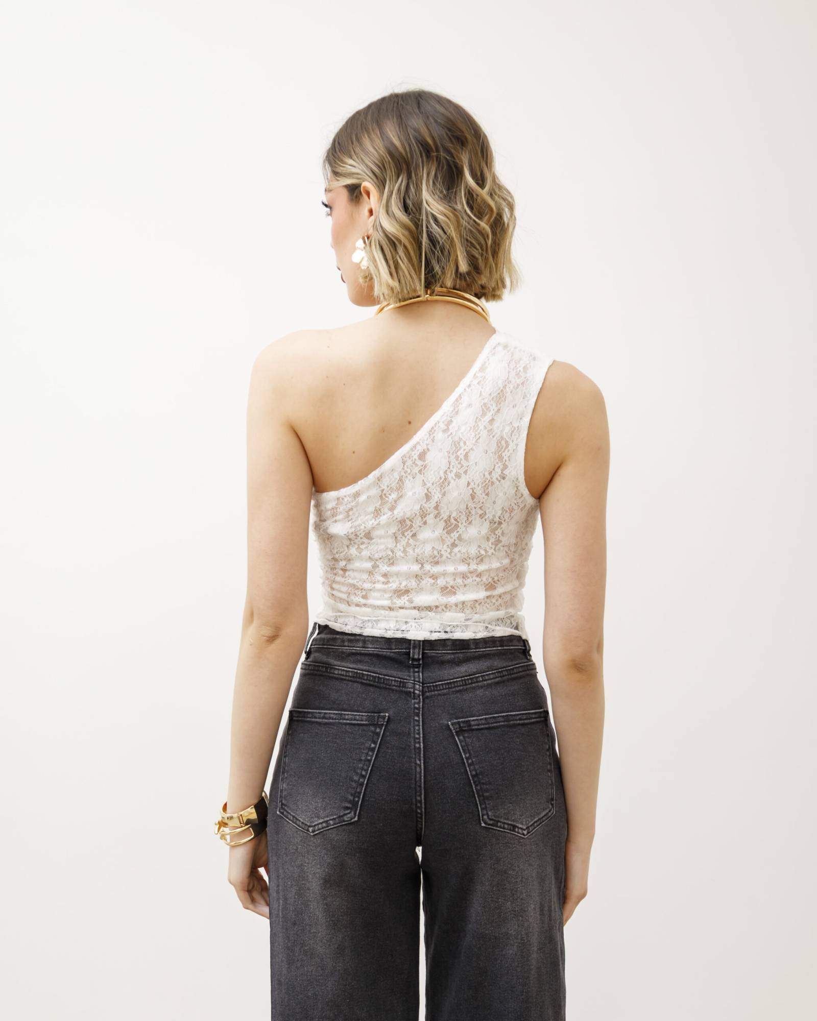 Asymmetric One Shoulder Lace Top - White