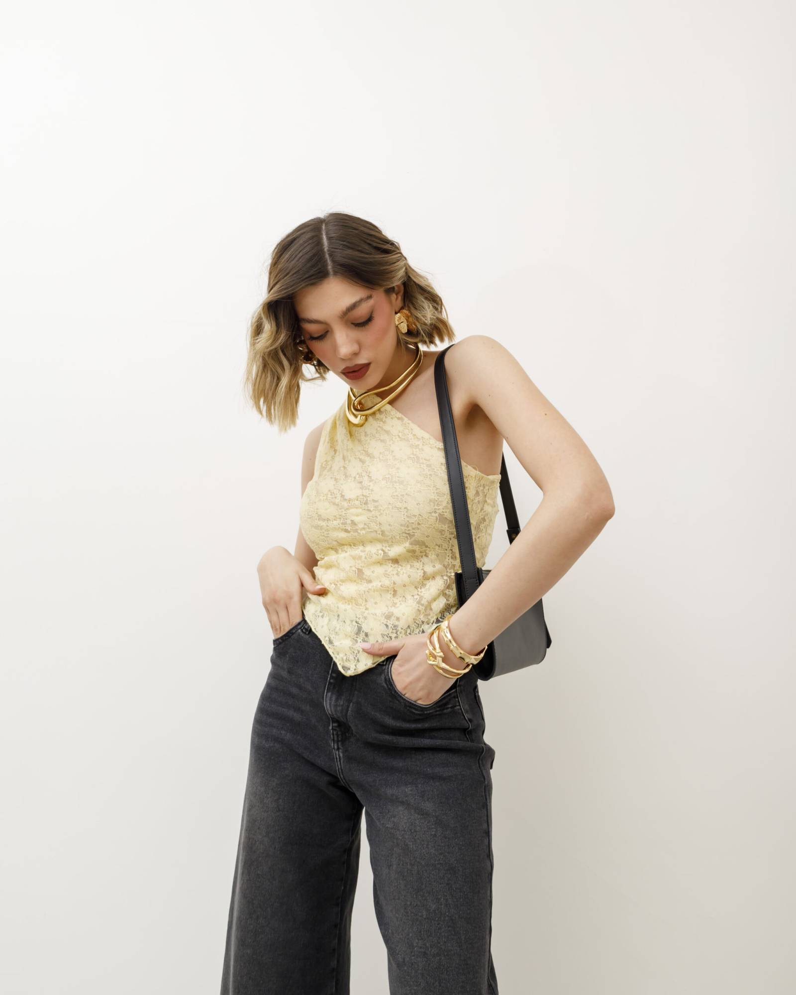 Asymmetric One Shoulder Lace Top - Yellow