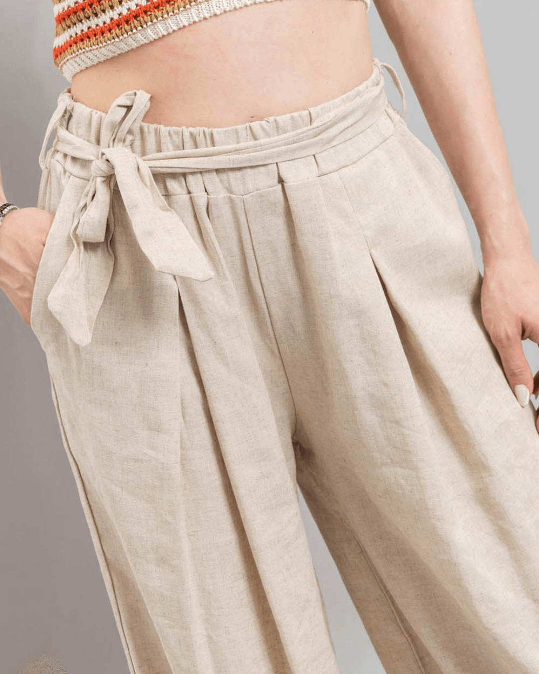 Wide Leg Linen Pants - Beige