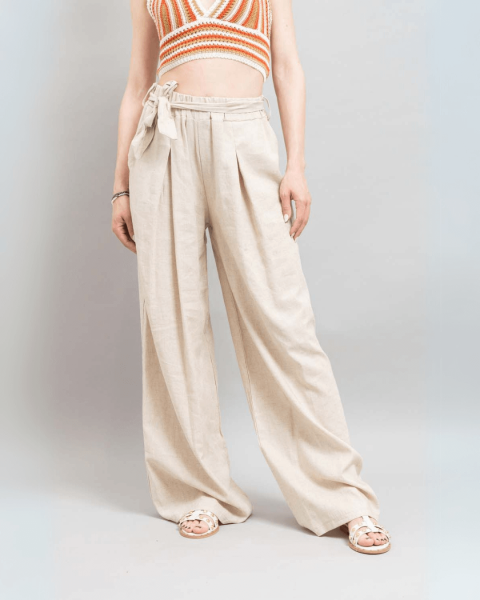 Wide Leg Linen Pants - Beige
