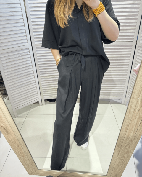 Wide Leg Linen Pants - Black