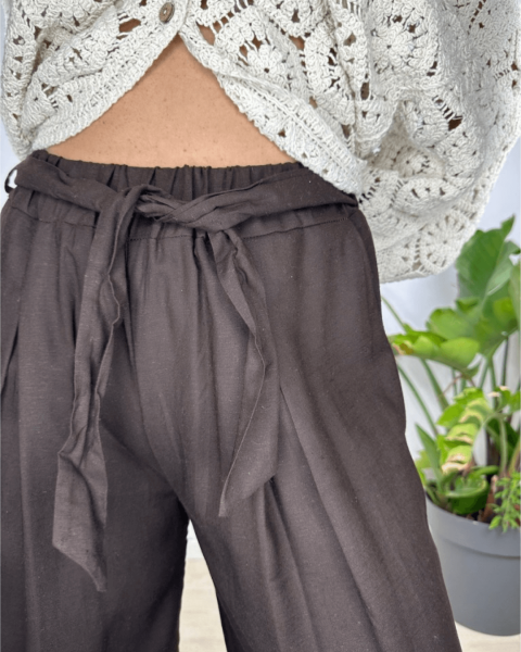 Wide Leg Linen Pants - Brown