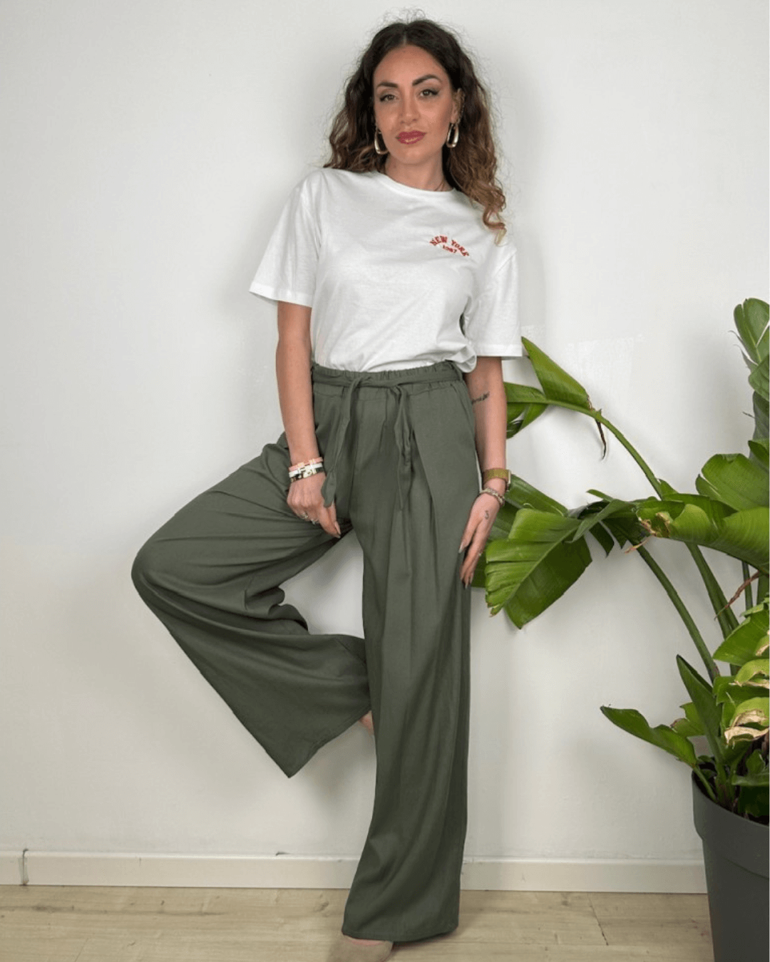 Wide Leg Linen Pants - Khaki