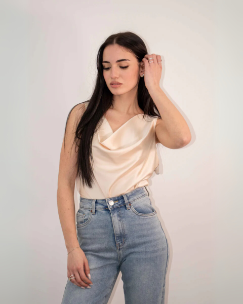 Cowl Neck Satin Blouse - Beige