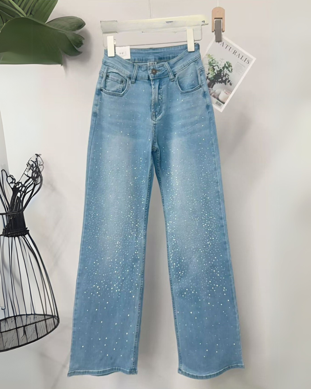 Wide Leg Rhinestones Jeans - Blue