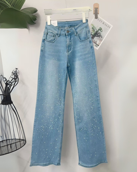 Wide Leg Rhinestones Jeans - Blue
