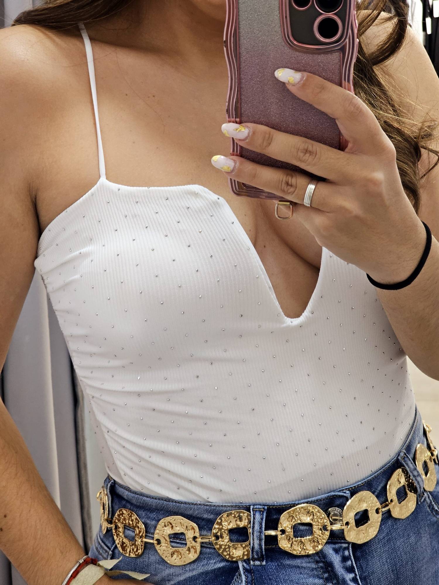 Rhinestones V-Neck Bodysuit - White