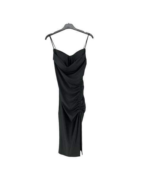 Ruched Rhinestones Midi Dress - Black