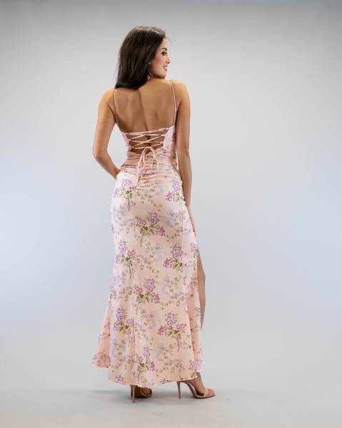 Floral Maxi Dress with Lace-Up Back - Pink