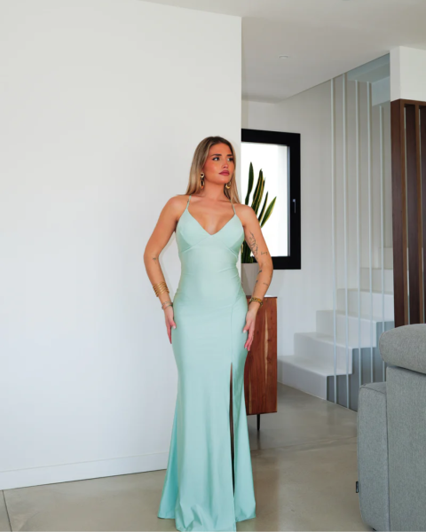 Strappy Backless Maxi Dress with Side Slit - Turquoise
