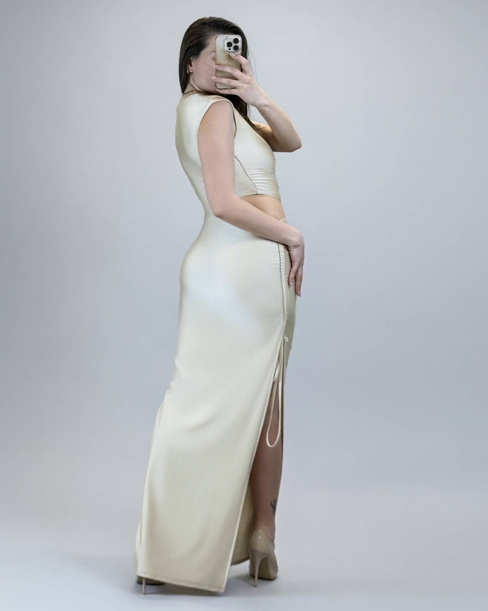 Cut-Out Ruched Maxi Dress - Beige