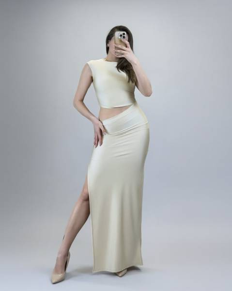 Cut-Out Ruched Maxi Dress - Beige