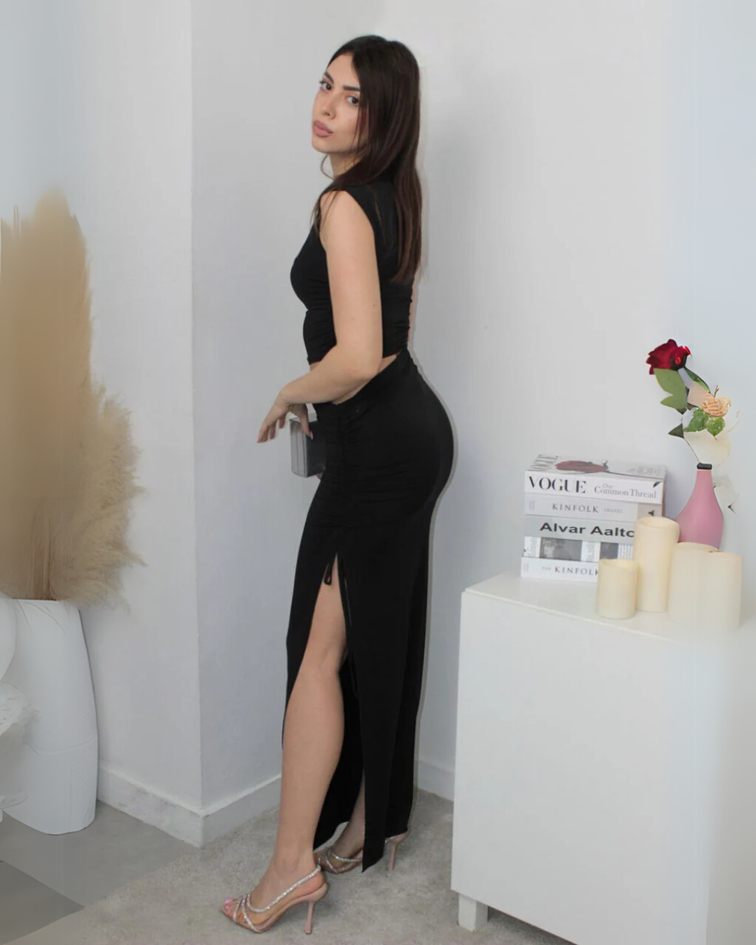 Cut-Out Ruched Maxi Dress - Black
