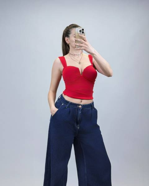 Ruched V Neck Crop Top - Red