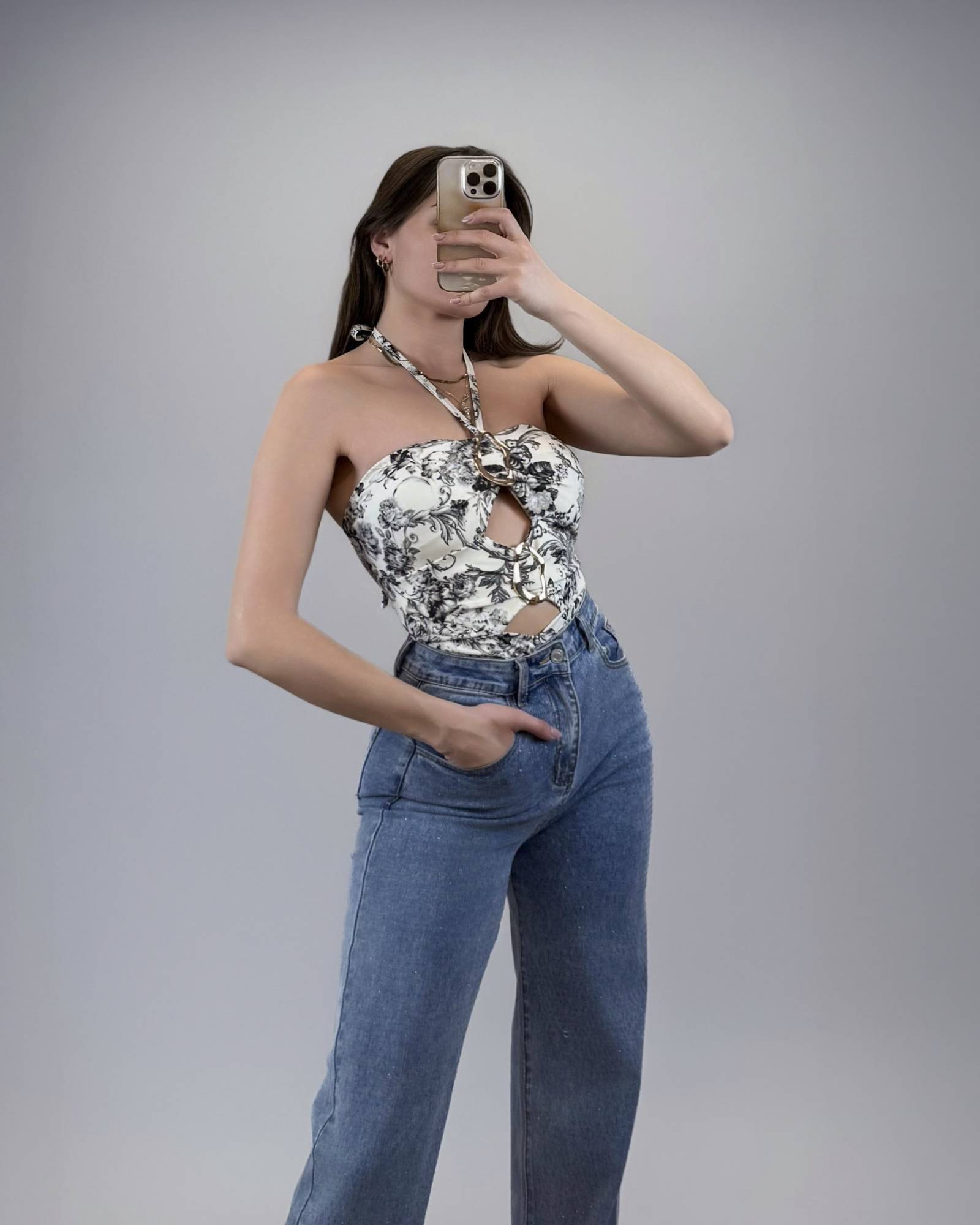 Printed Cut Out Bodysuit - Black