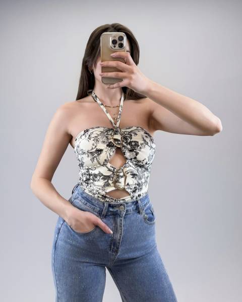 Printed Cut Out Bodysuit - Black