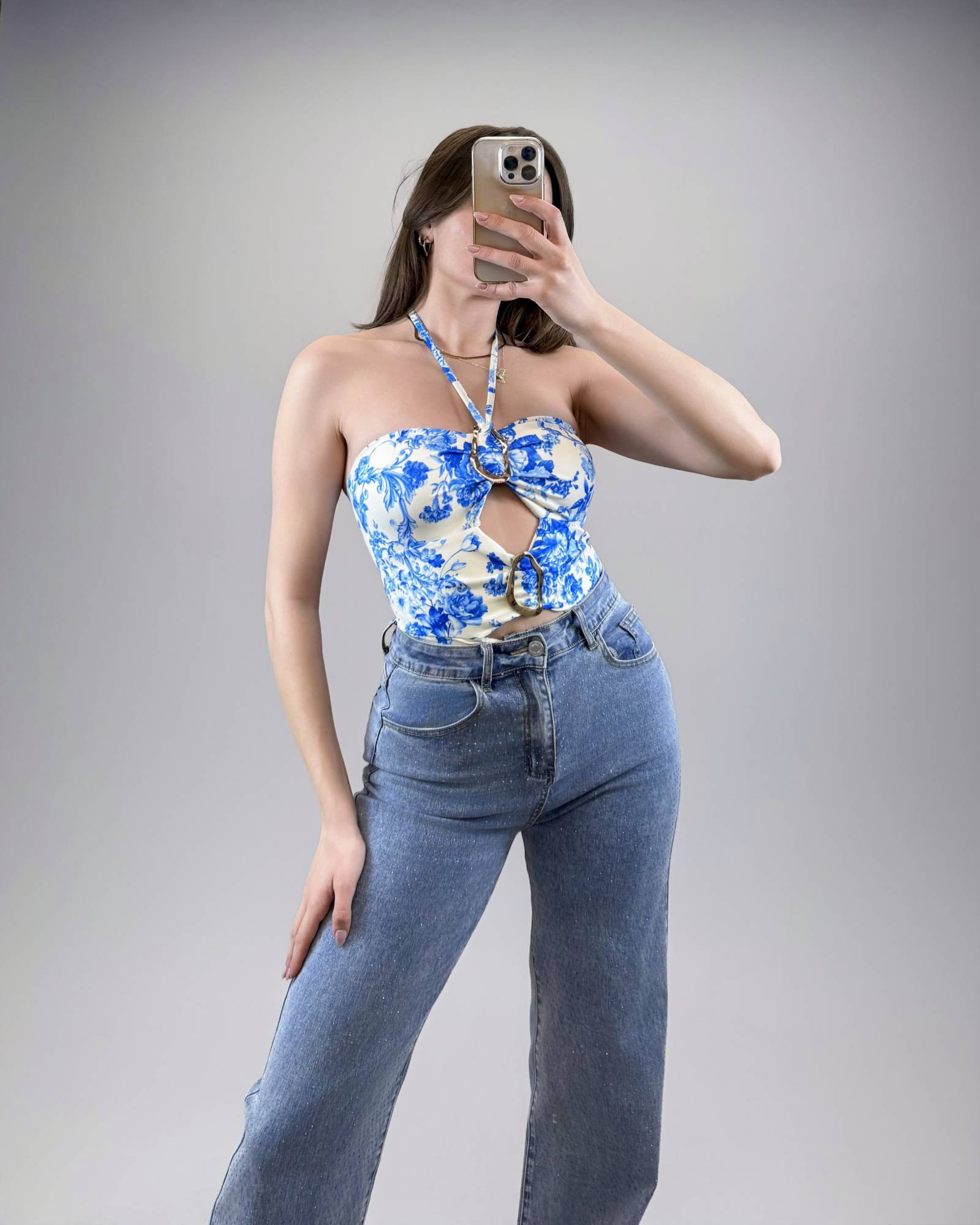 Printed Cut Out Bodysuit - Royal Blue