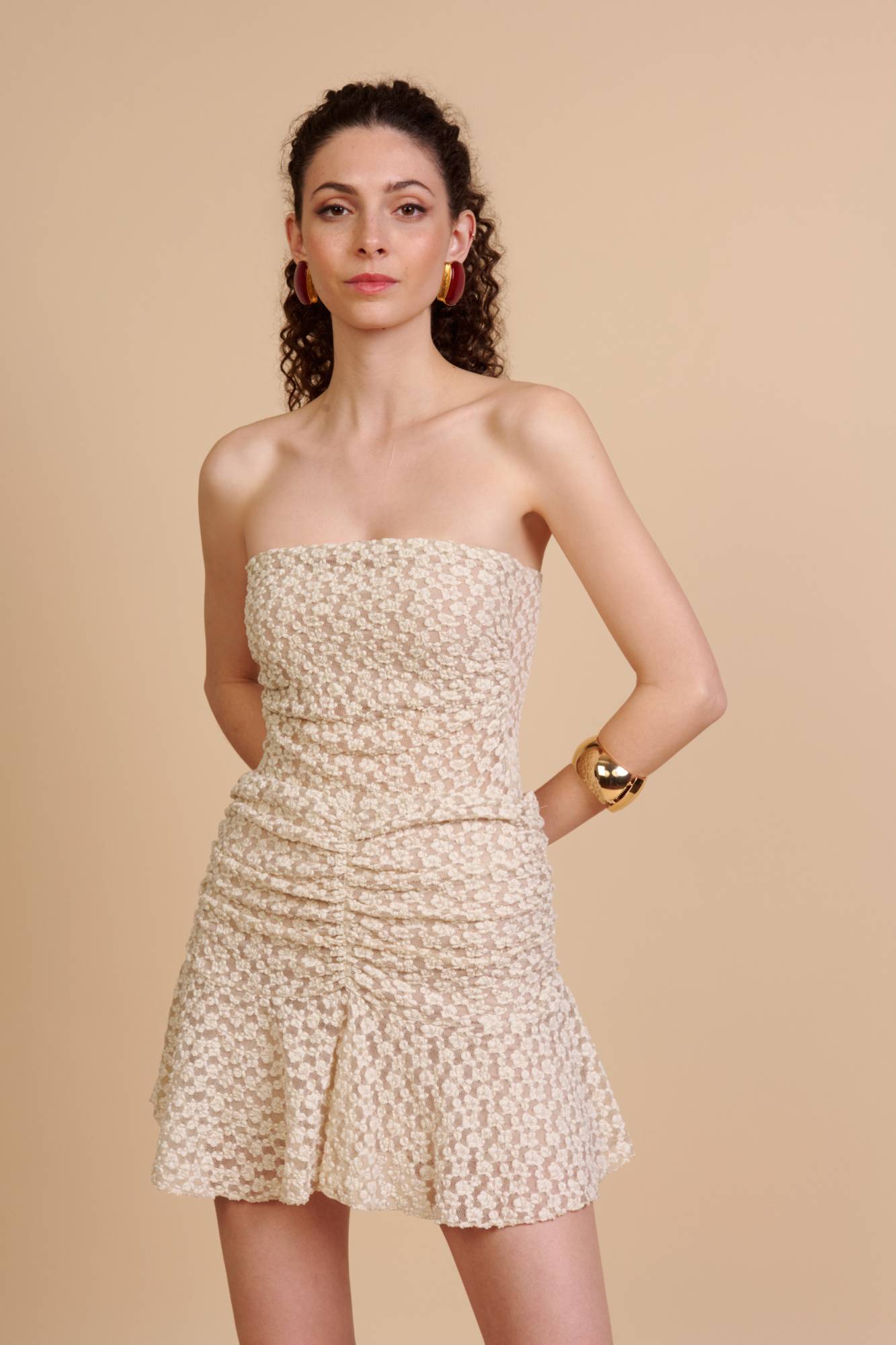 Crochet Mini Skirt with Ruched Waist - Beige