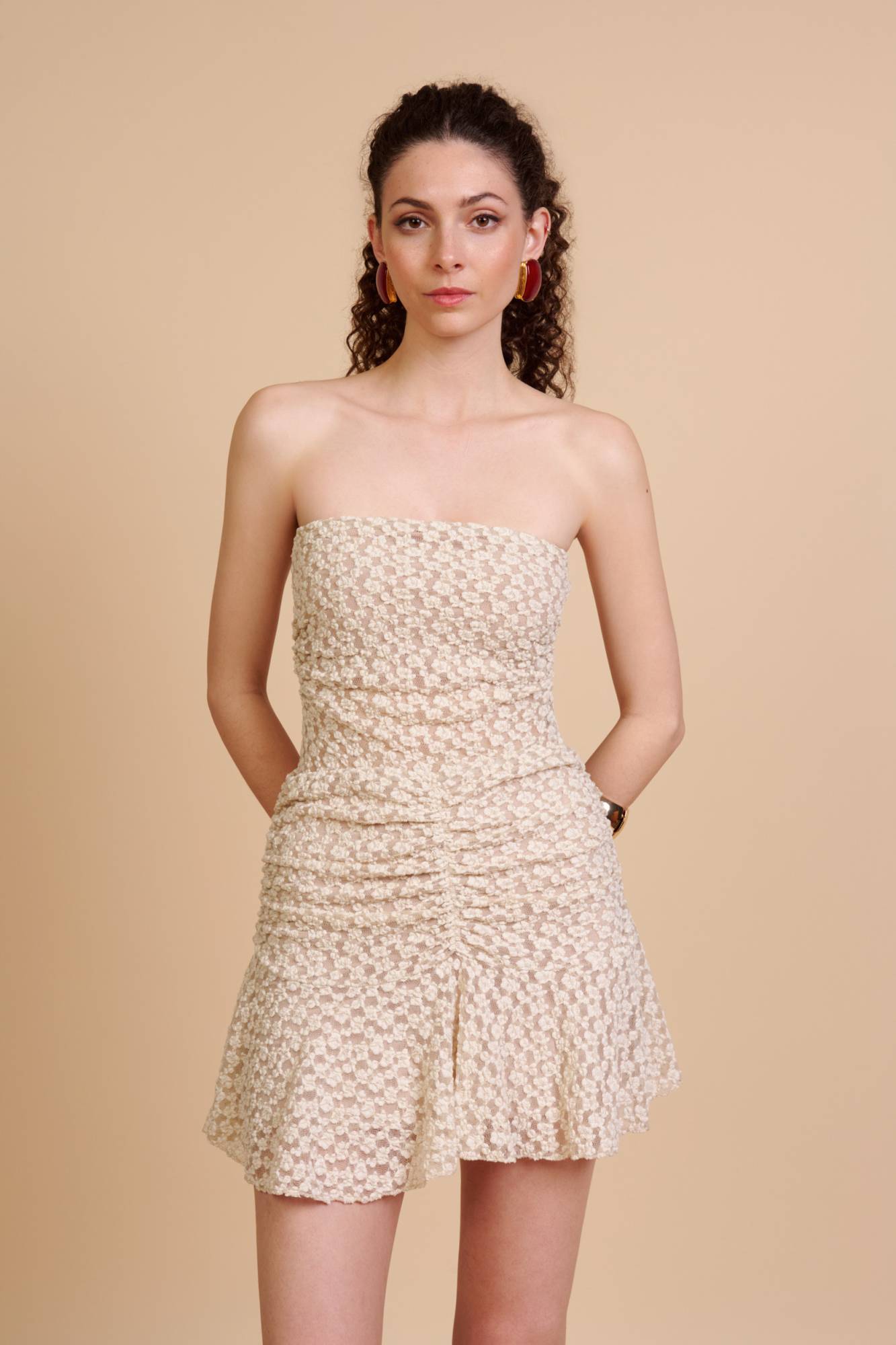 Crochet Mini Skirt with Ruched Waist - Beige