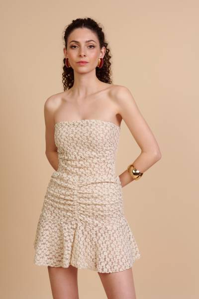 Crochet Mini Skirt with Ruched Waist - Beige