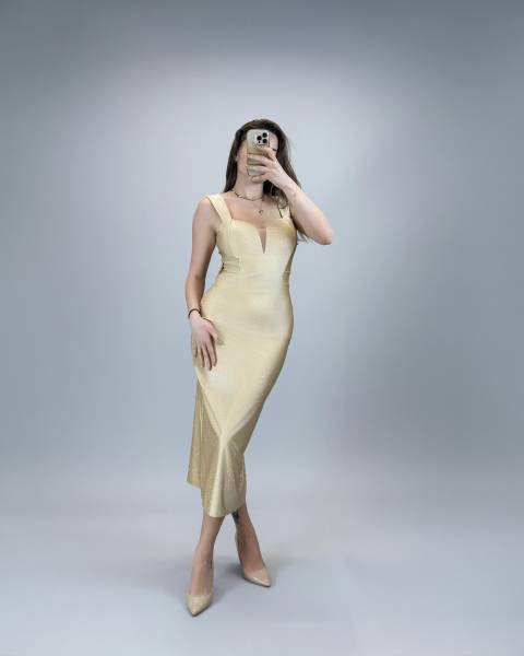 Rhinestones Bow Back Midi Dress - Beige