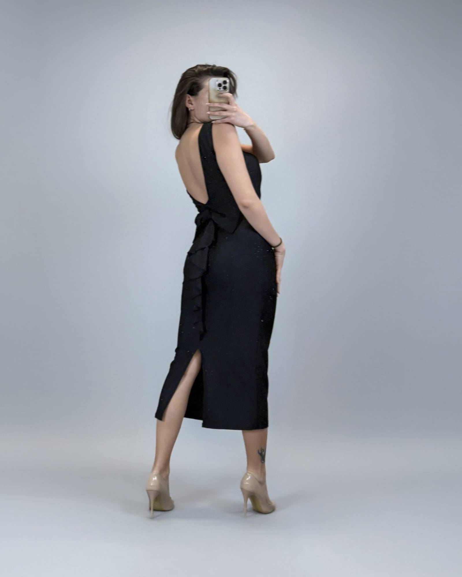 Rhinestones Bow Back Midi Dress - Black