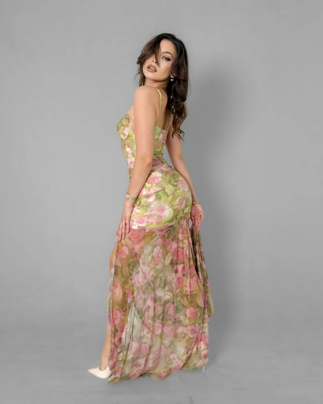 Floral Maxi Dress with Ruched Bodice - Green