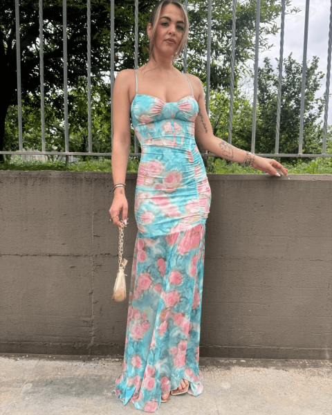 Floral Maxi Dress with Ruched Bodice - Turquoise