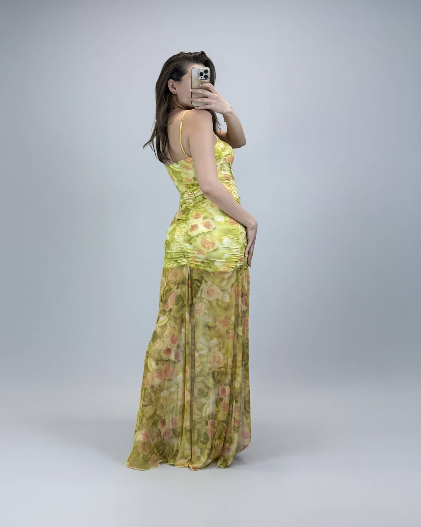 Floral Maxi Dress with Ruched Bodice - Yellow