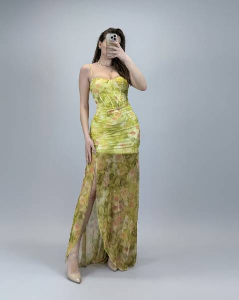 Floral Maxi Dress with Ruched Bodice - Yellow